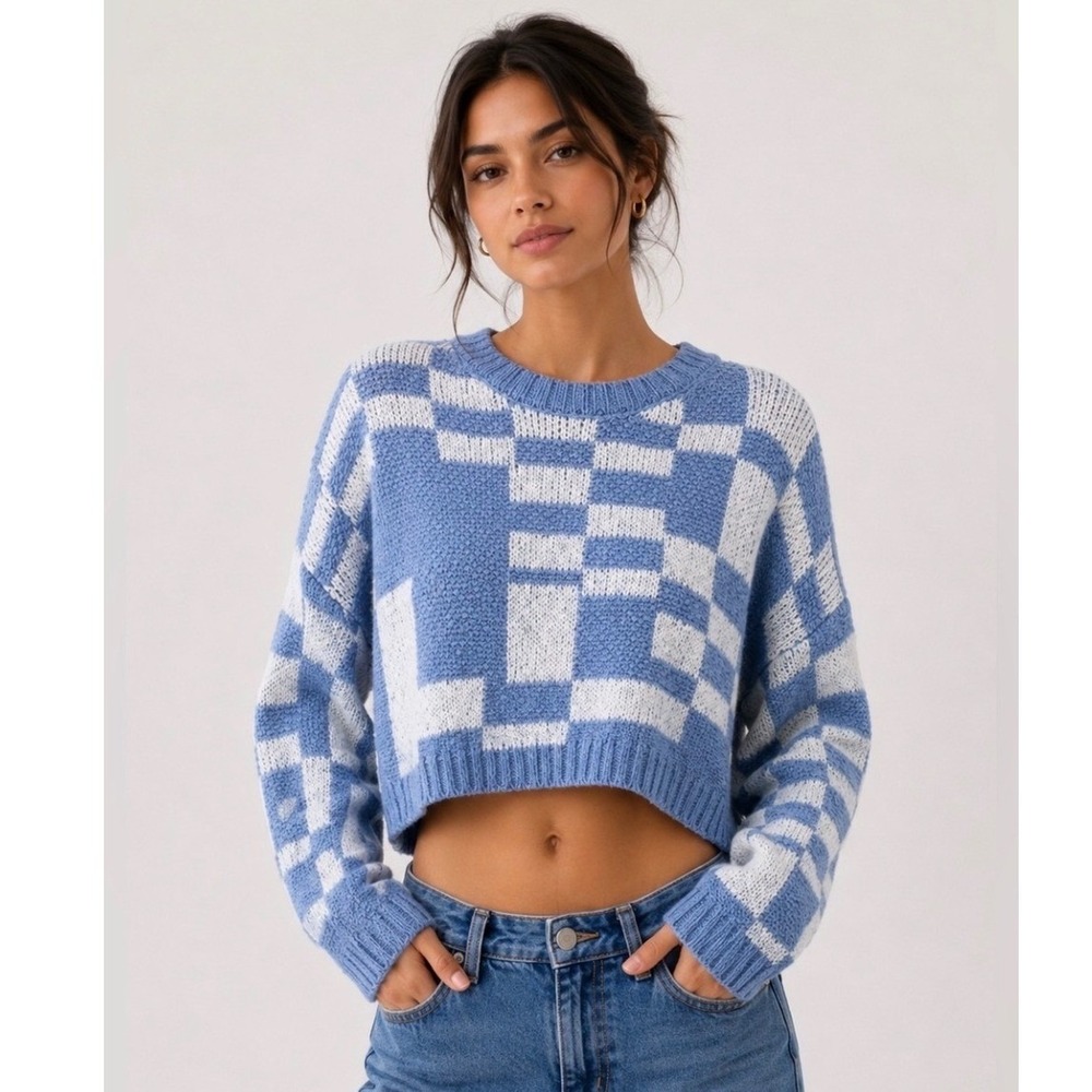 Altar'd State Checkered Knit Cropped Sweater Womens L Blue White Streetwear Y2K